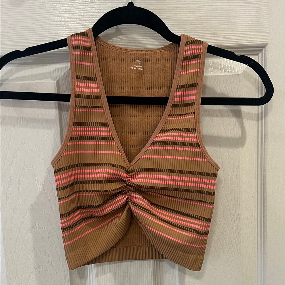 Aerie Brown and Pink Striped Tank Top